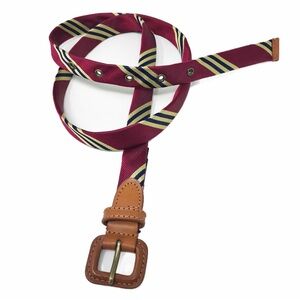 Brooks Brothers Silk Striped Skinny Belt with Leather Buckle Size L
